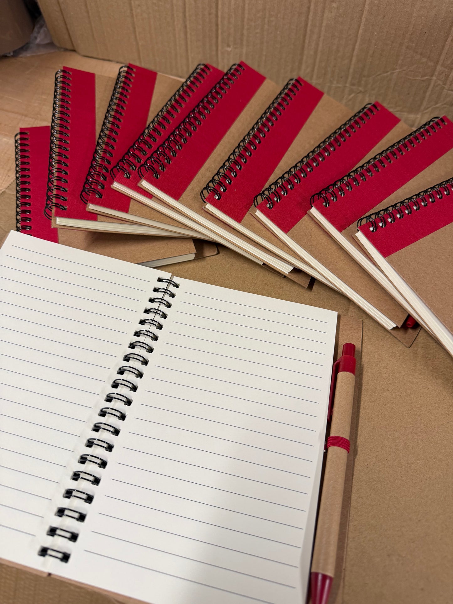 10x coloured spiral notebooks with pens