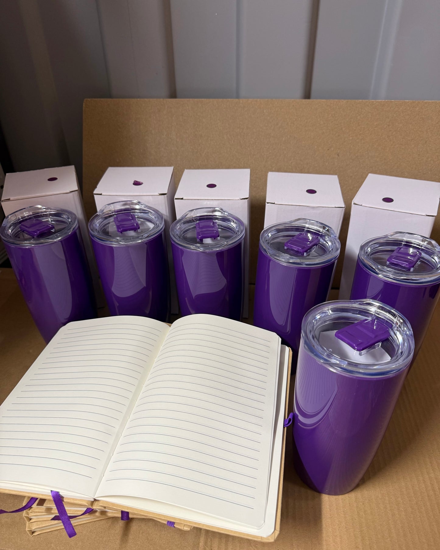 Bundle of 6 Natural/Purple notebook and purple tumbler sets