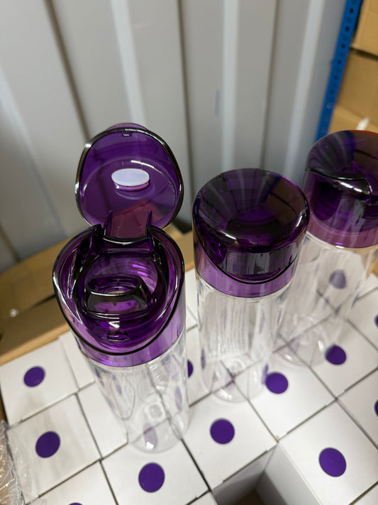 3x Clear 700ml water bottles with purple flip lids