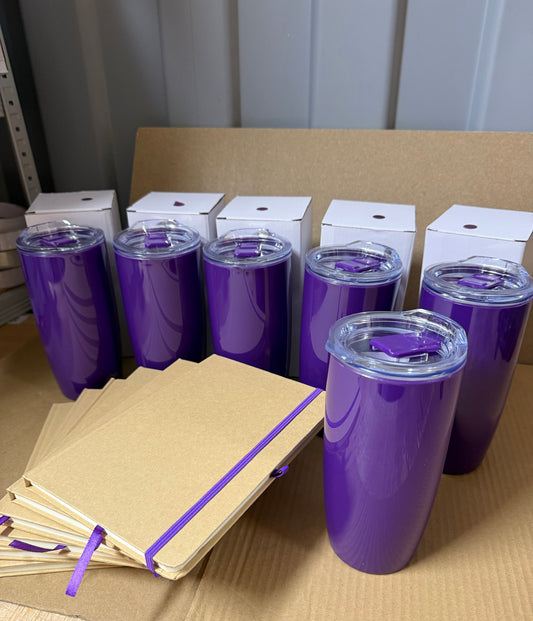 Bundle of 6 Natural/Purple notebook and purple tumbler sets