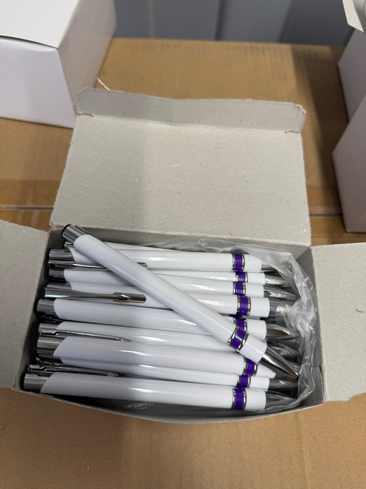 Box of 50 Black ink ball point pens with purple plastic trim