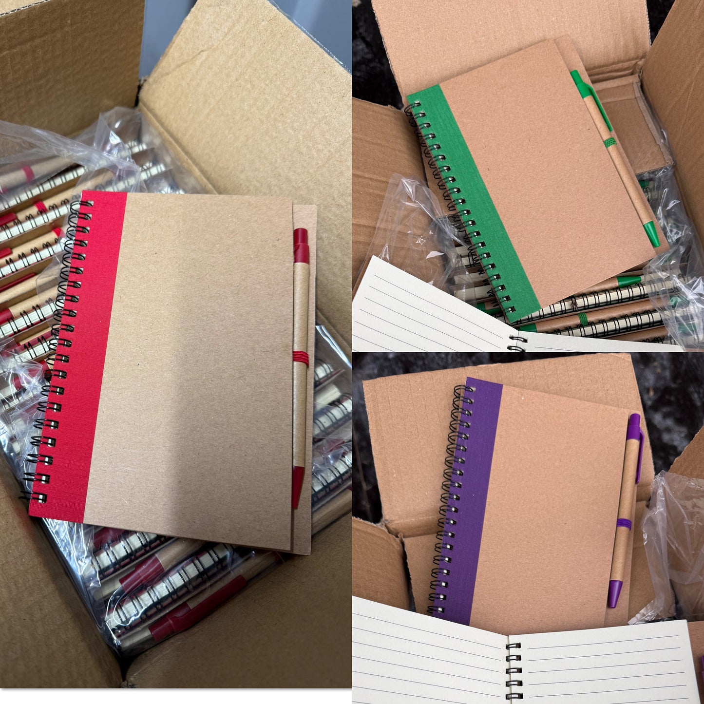 Box of 50 eco spiral A6 notebooks featuring a pen