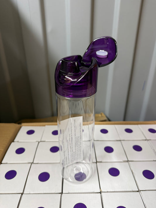 Box of 36 clear 700ml water bottles with purple flip lids