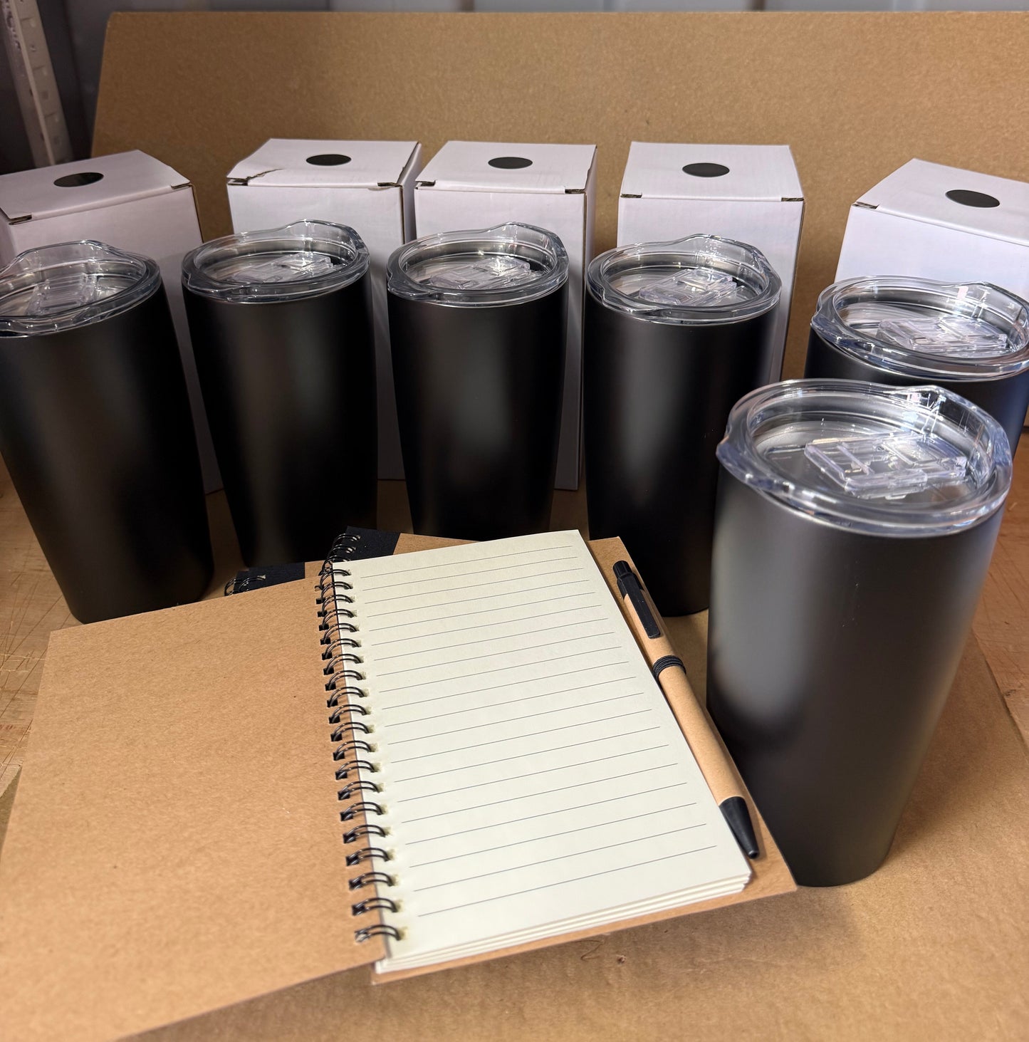 Bundle of 6 Black Spiral notebook/pen and black stainless steel tumbler