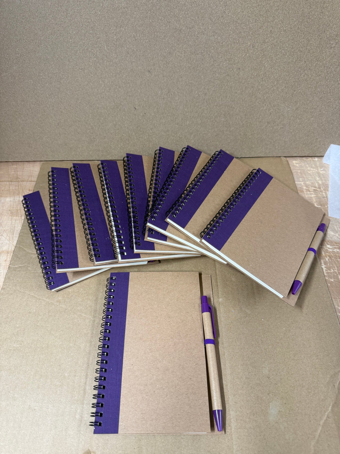 10x coloured spiral notebooks with pens