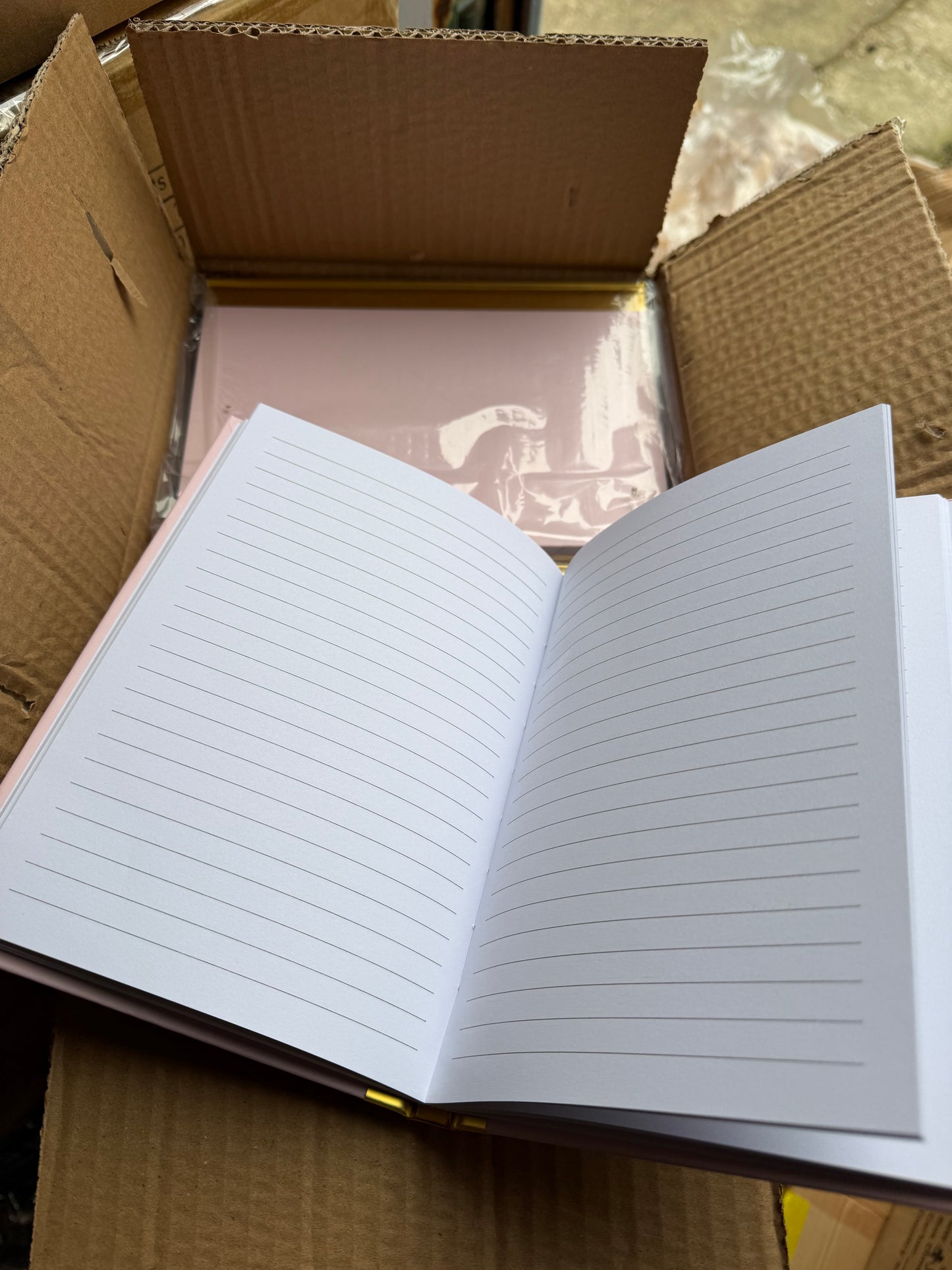 Box of 40 A5 pink hardback notebooks with gold trim