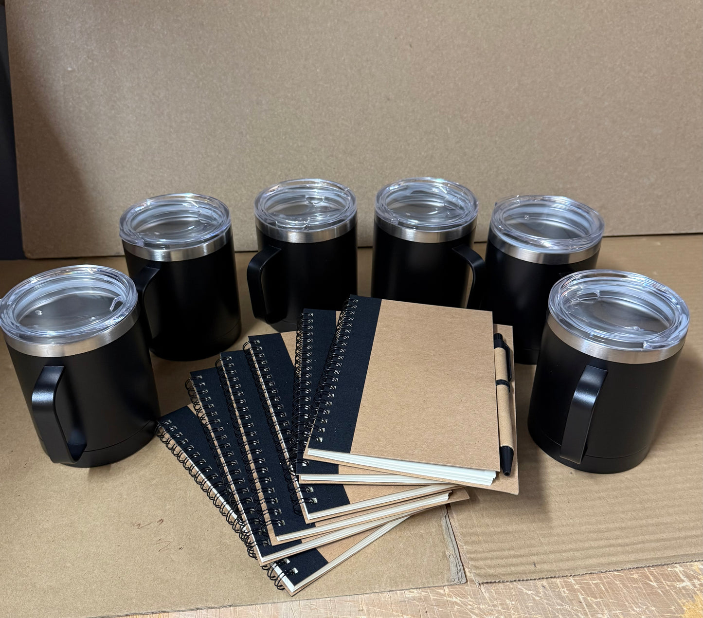 Bundle of 6 Black Spiral notebook/pen and black stainless steel mugs