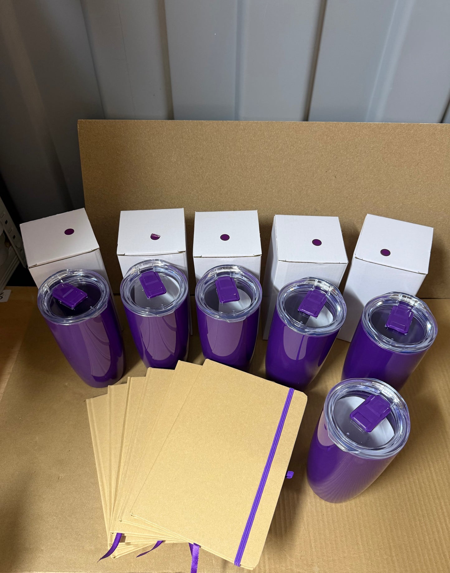 Bundle of 6 Natural/Purple notebook and purple tumbler sets