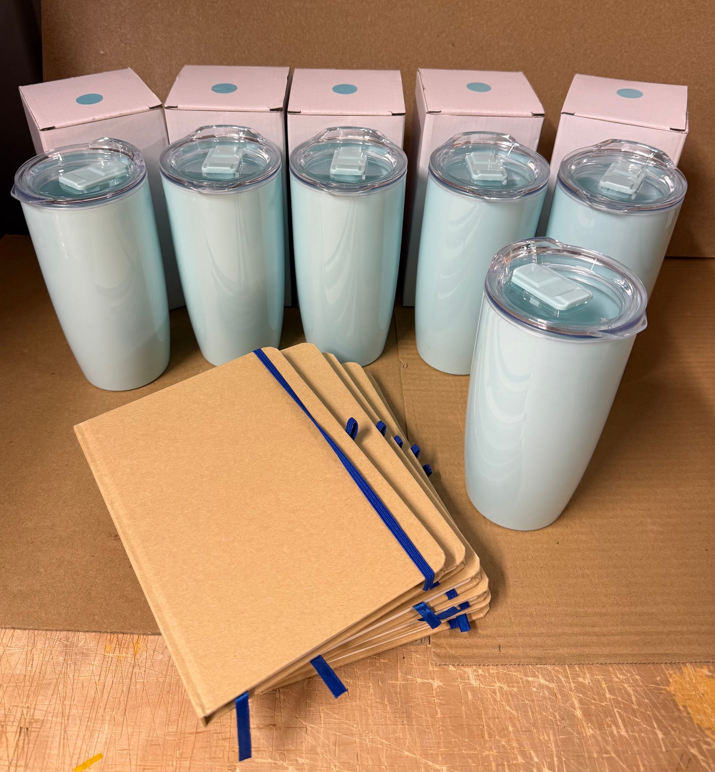 Bundle of 6 Natural/Blue notebook and Blue tumbler sets