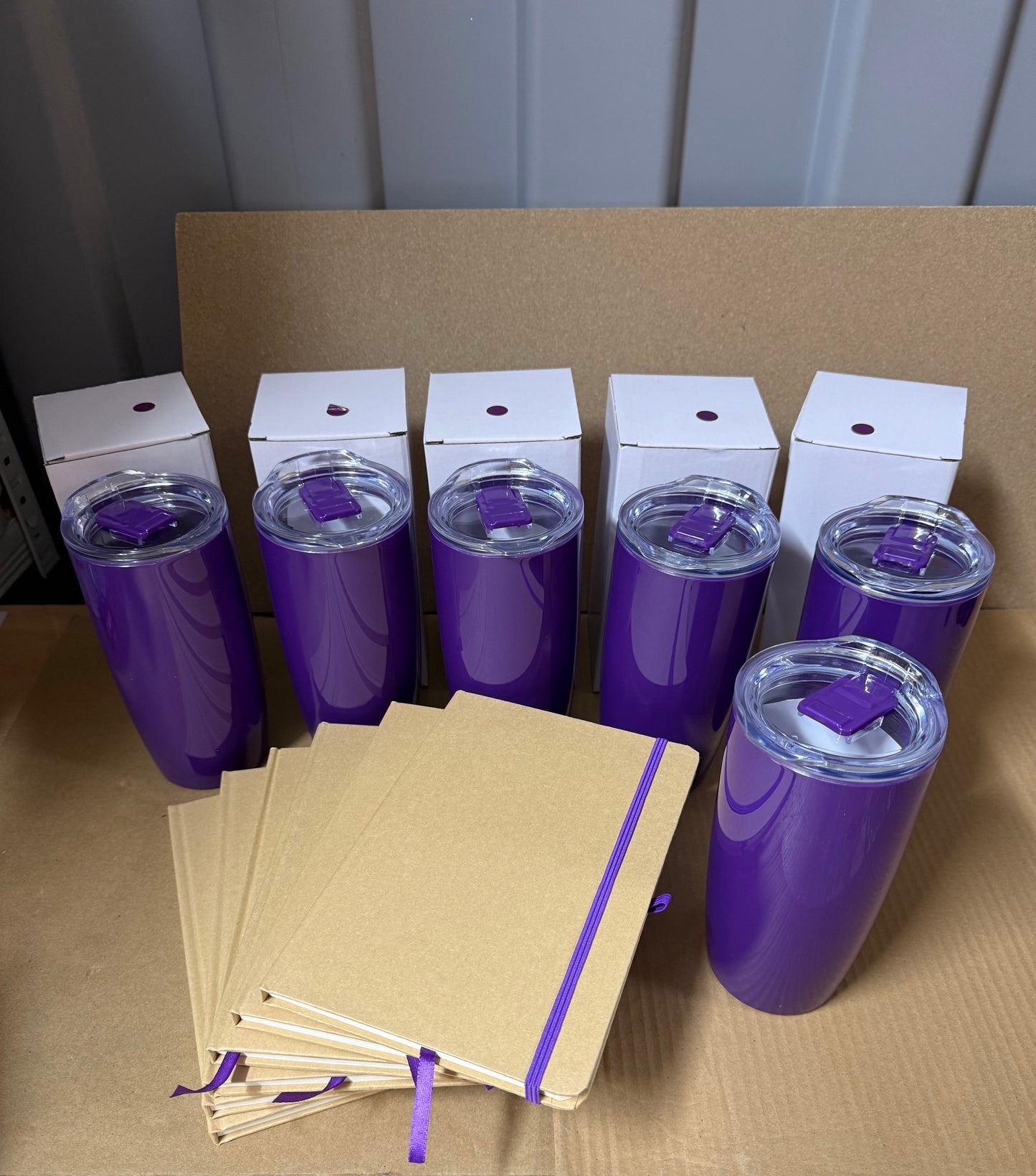 Bundle of 6 Natural/Purple notebook and purple tumbler sets
