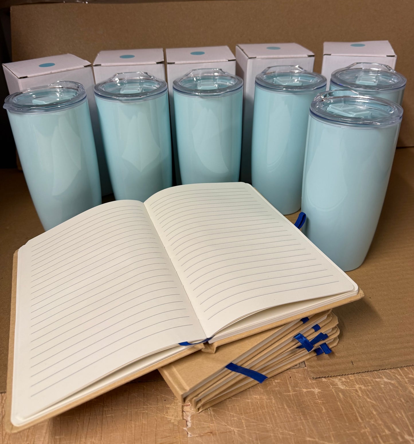 Bundle of 6 Natural/Blue notebook and Blue tumbler sets