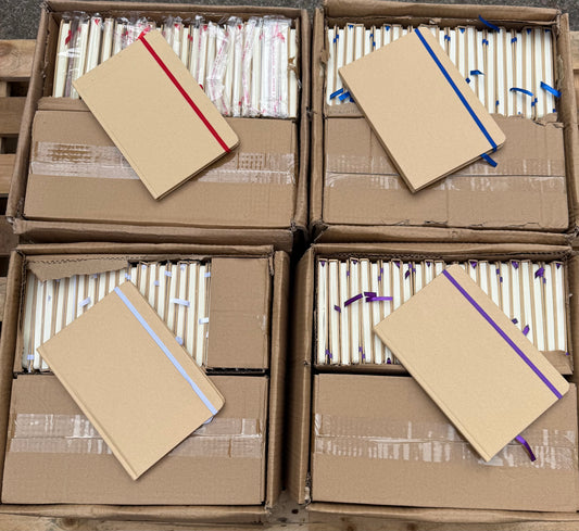 Box of 50 A5 hardback notebooks with coloured closure