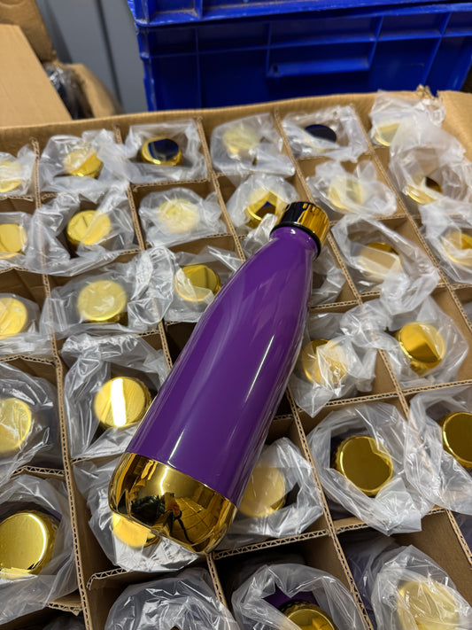 Box of 36 stainless steel 500ml purple with gold bottom and screw lids water bottles