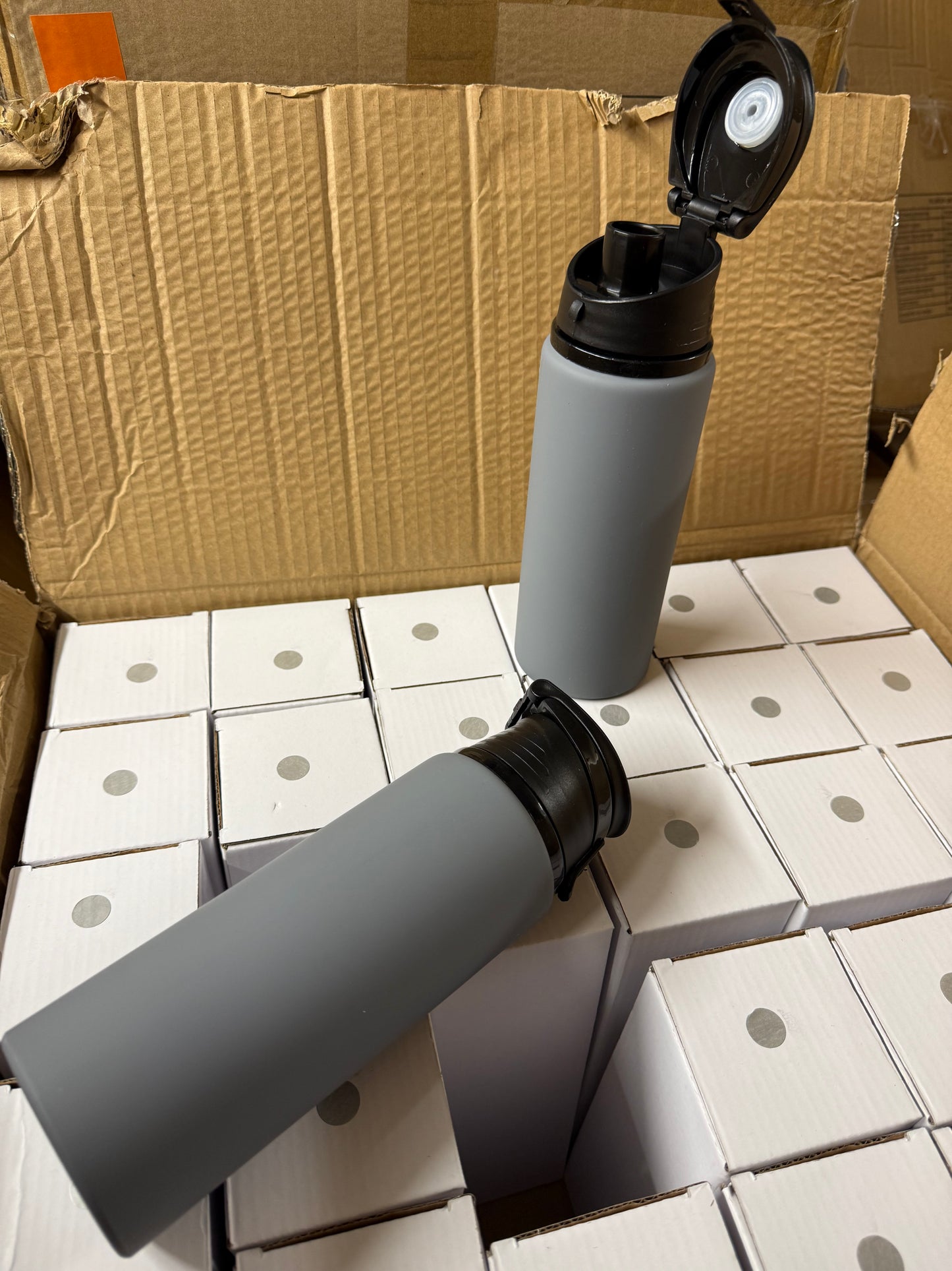 Wholesale Joblot Box Of 36 Aluminum 700 mL Grey Flip Lid Water Bottles