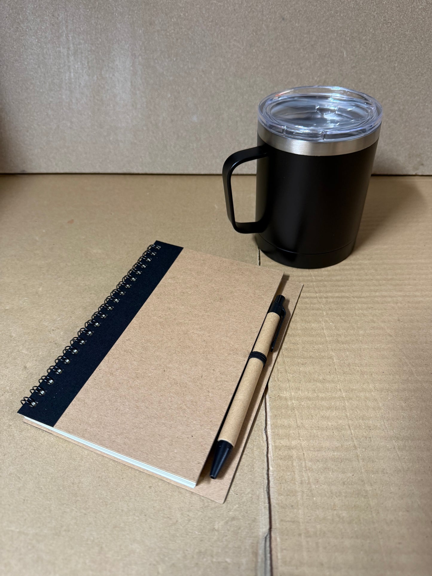 Bundle of 6 Black Spiral notebook/pen and black stainless steel mugs