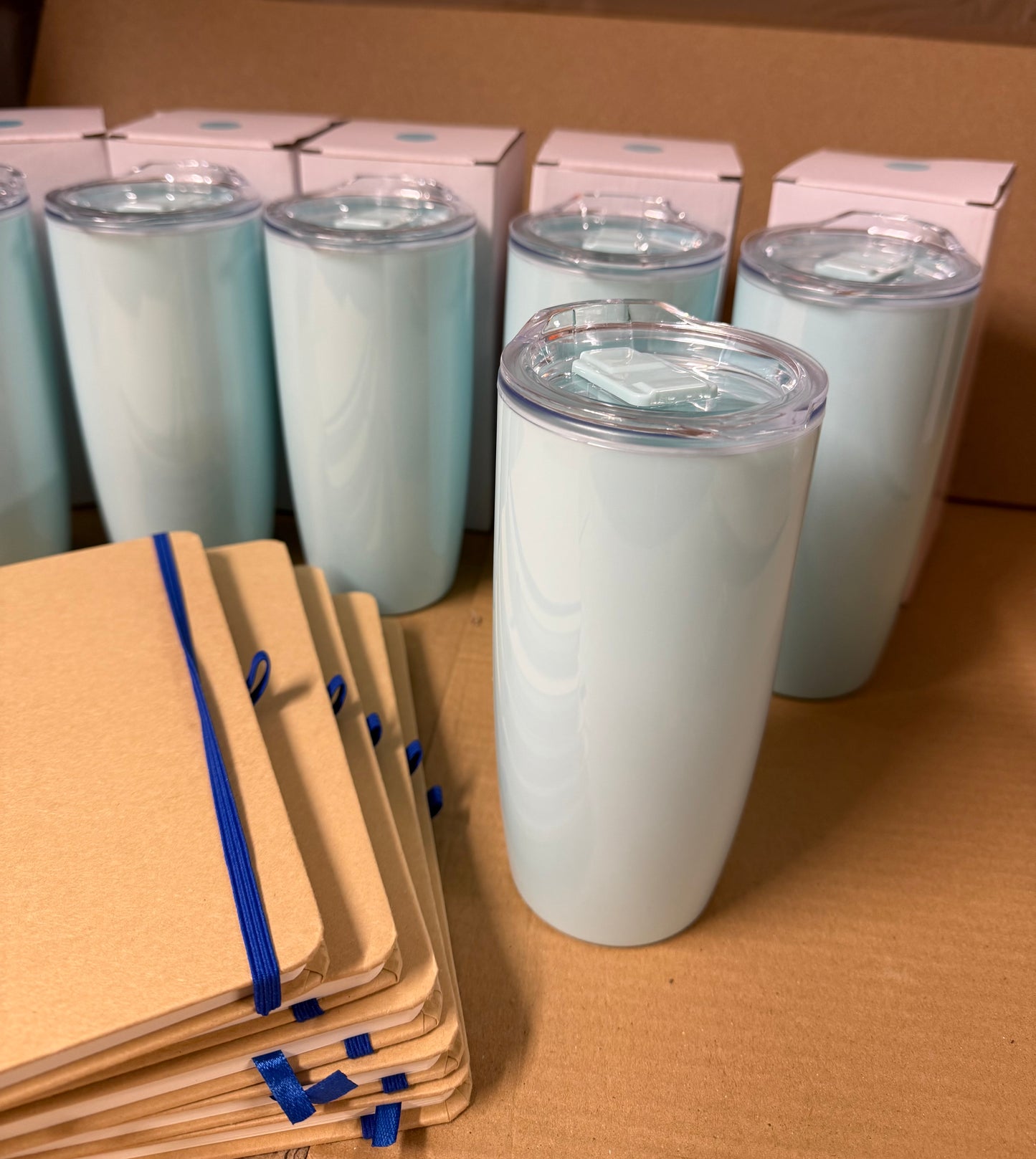 Bundle of 6 Natural/Blue notebook and Blue tumbler sets
