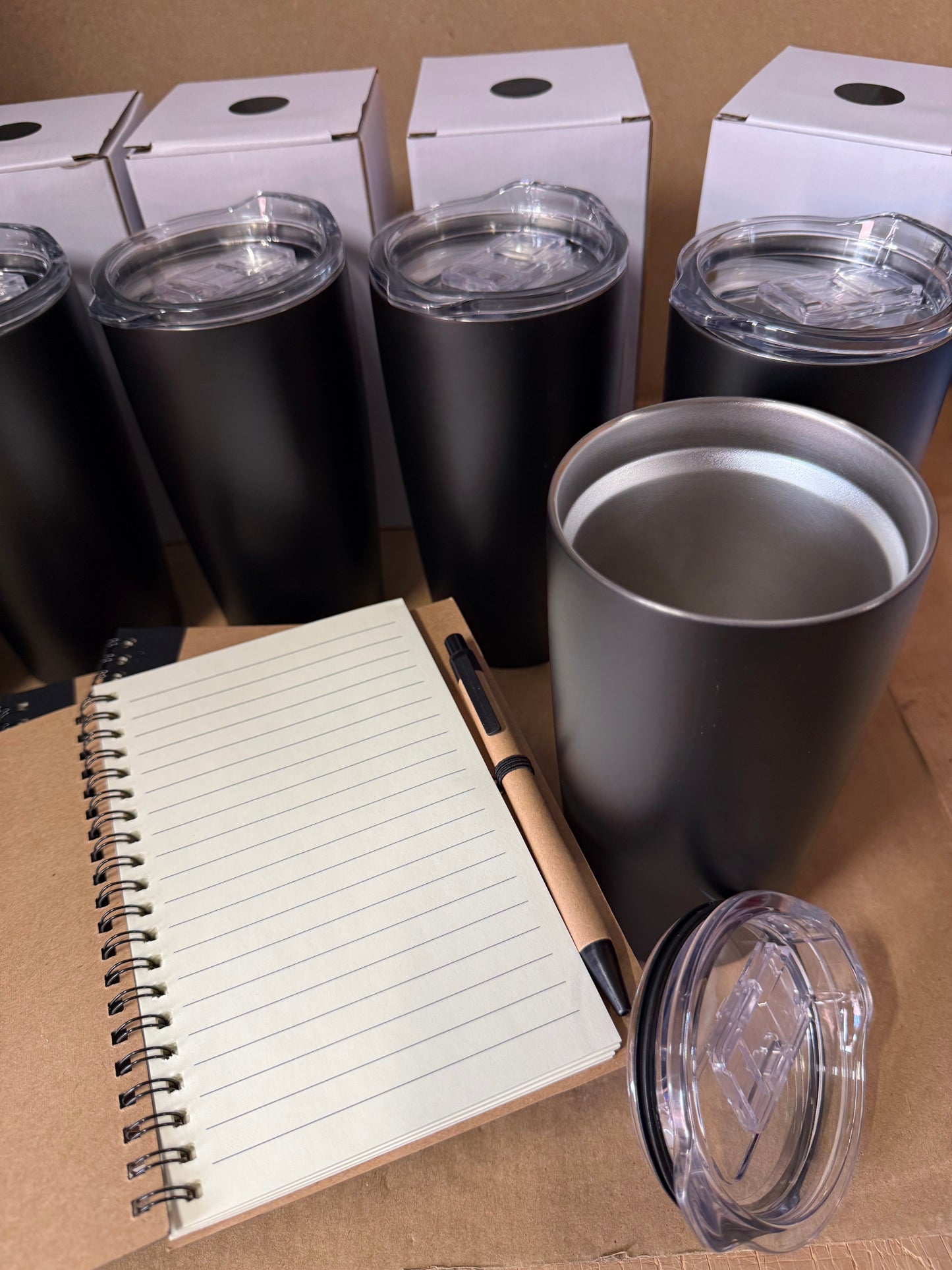 Bundle of 6 Black Spiral notebook/pen and black stainless steel tumbler