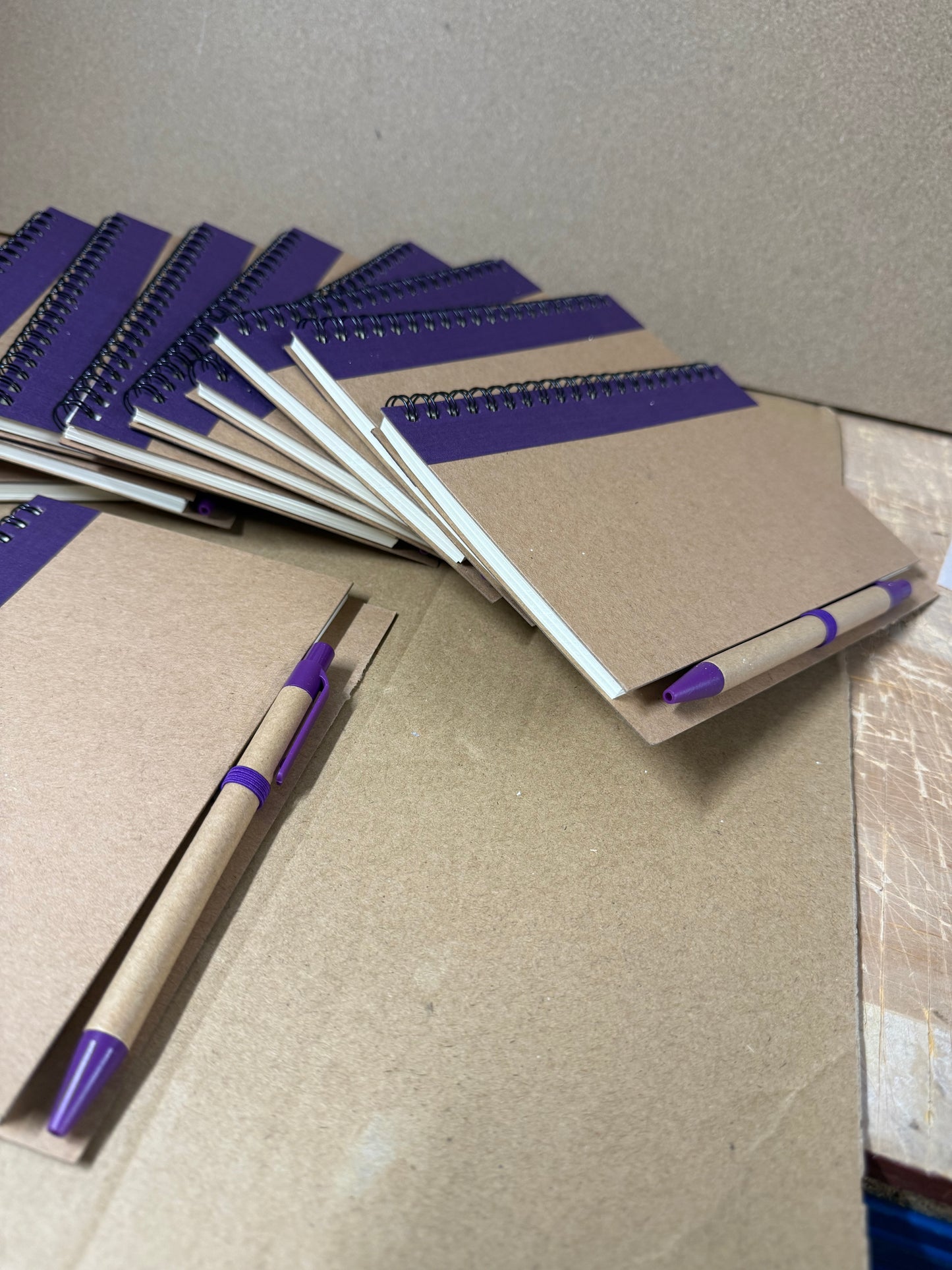 10x coloured spiral notebooks with pens