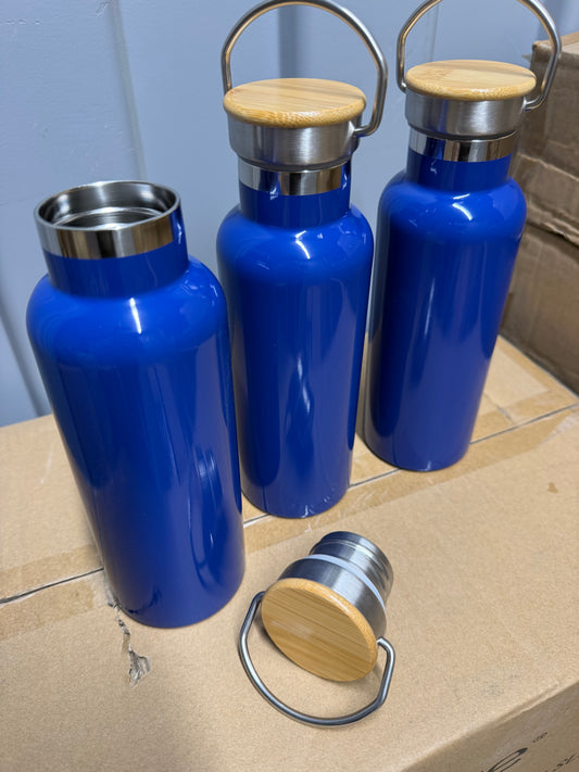 3X Stainless steel blue double walled 500ml water bottles