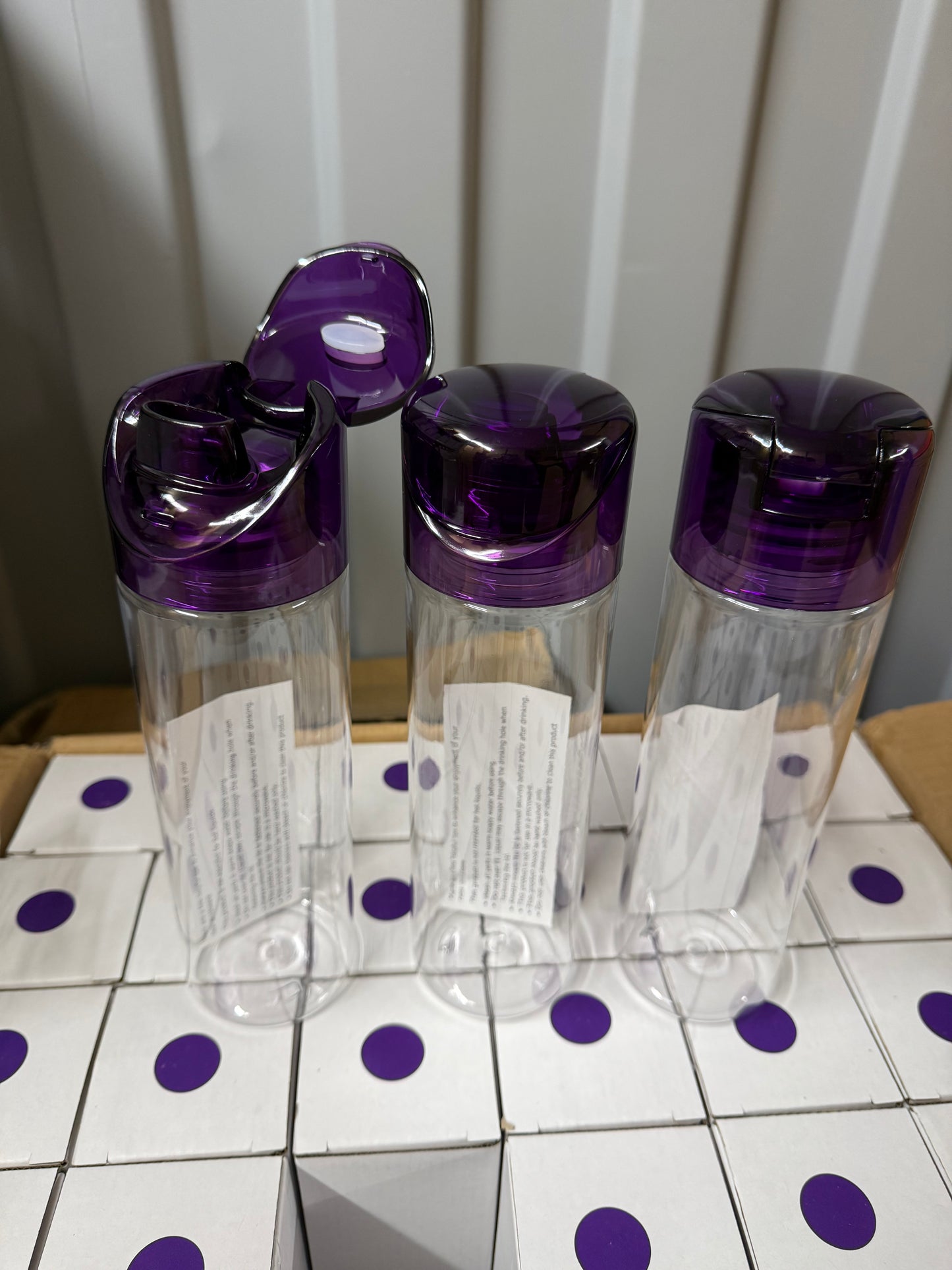 3x Clear 700ml water bottles with purple flip lids