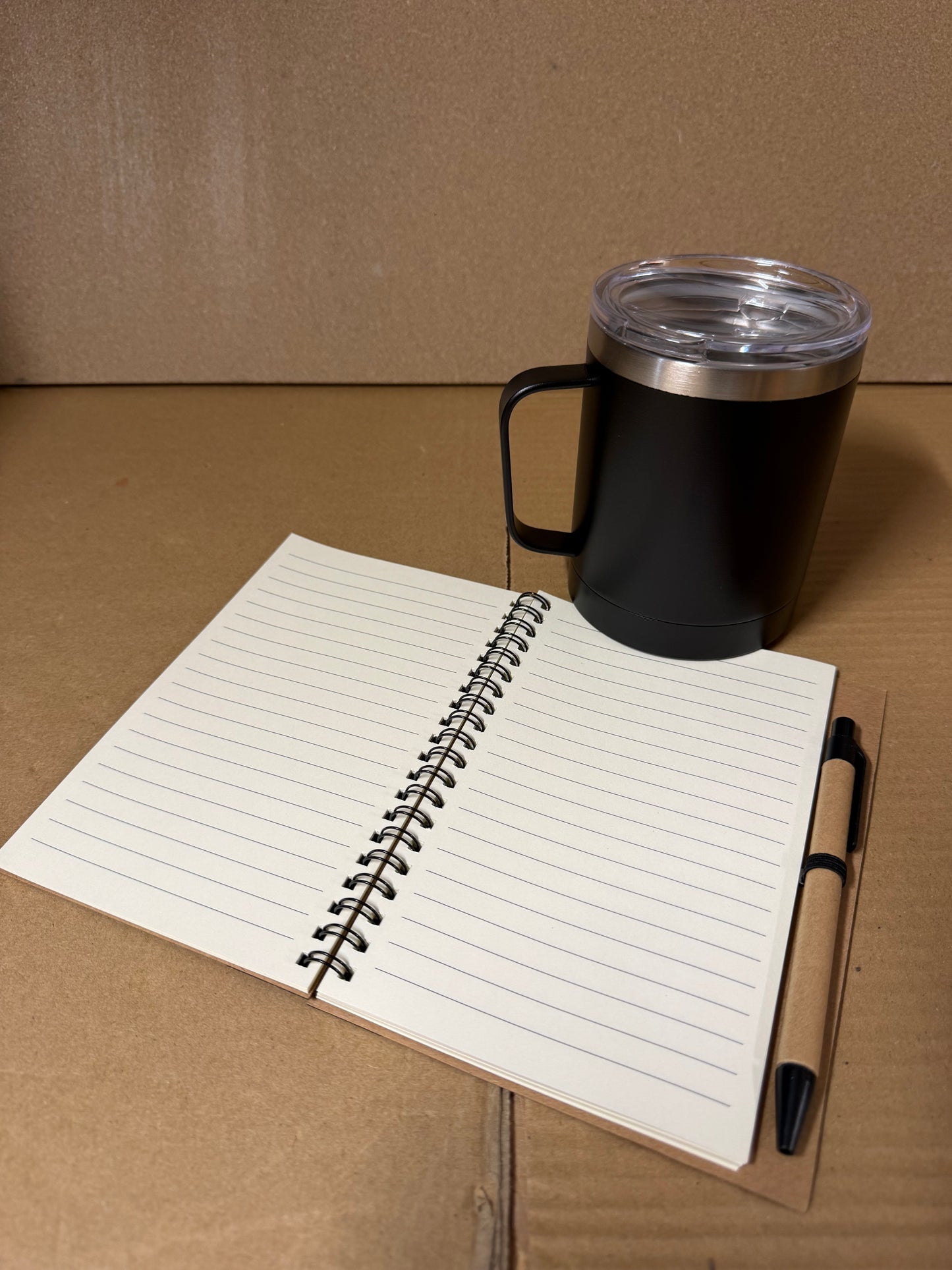 Bundle of 6 Black Spiral notebook/pen and black stainless steel mugs