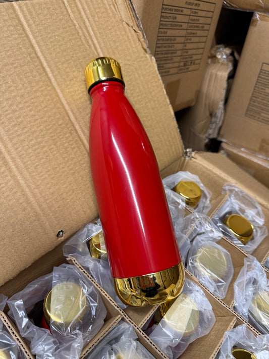 Box of 36 stainless steel 500ml red with gold bottom and screw lids water bottles