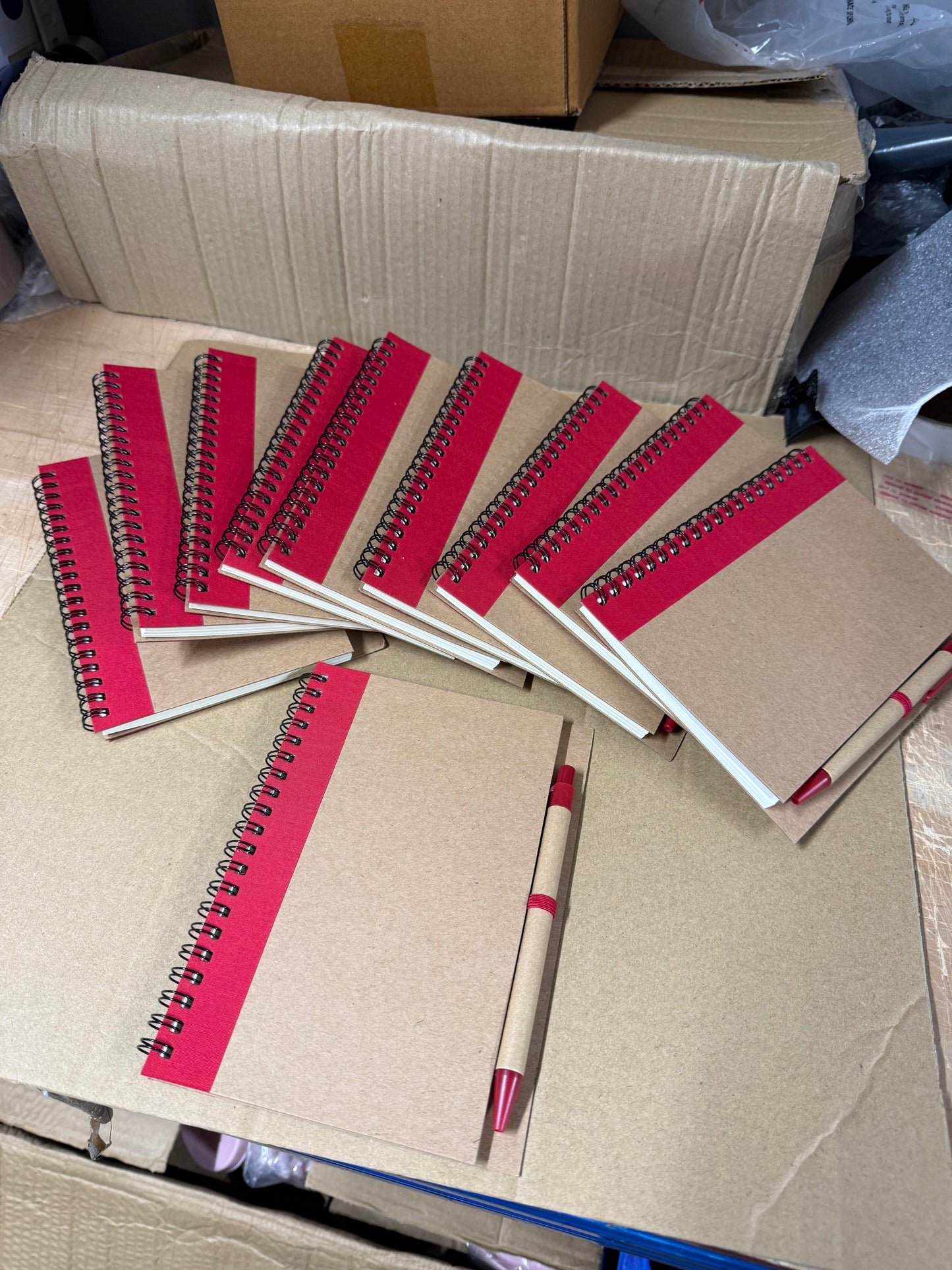 10x coloured spiral notebooks with pens