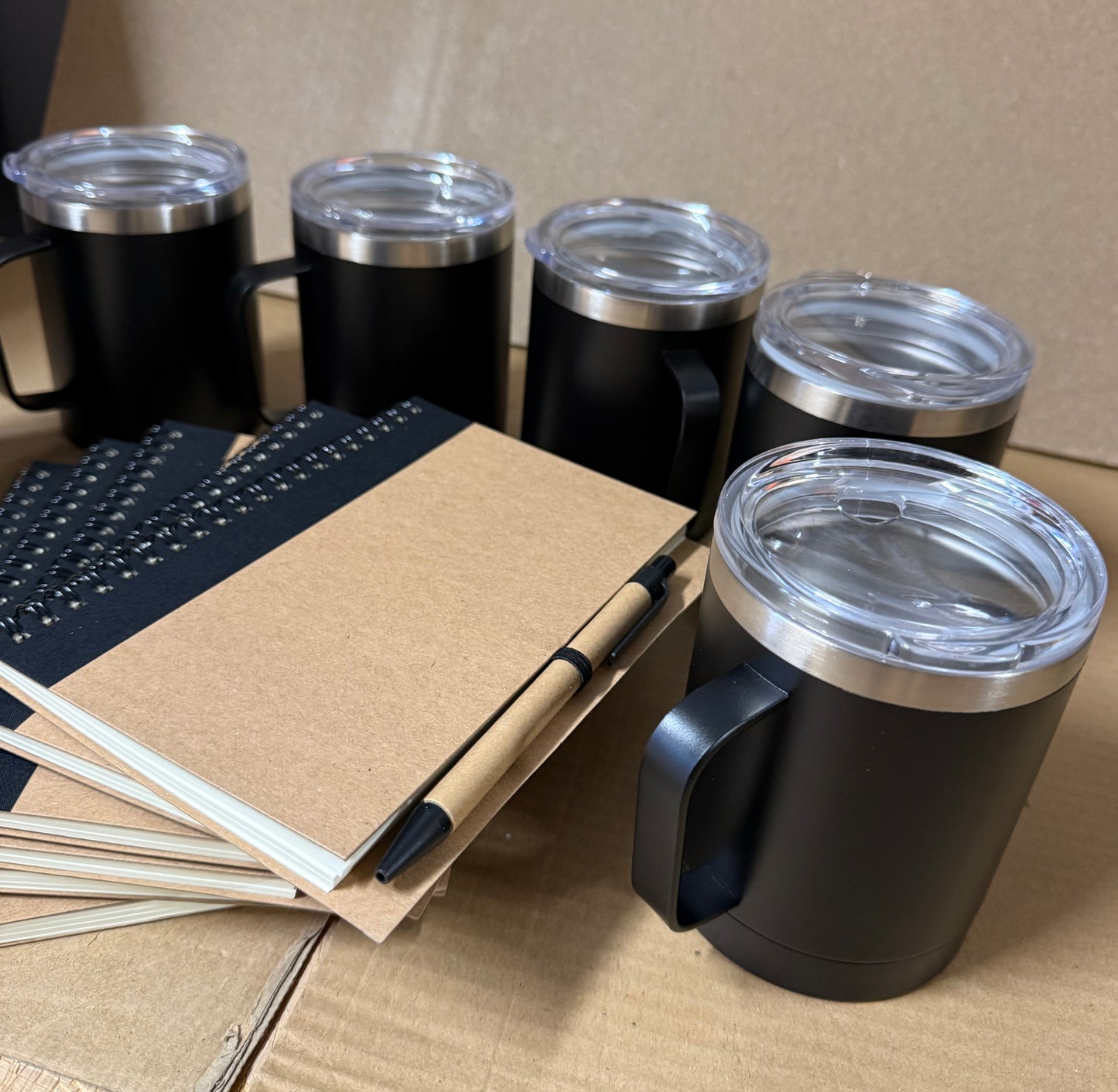 Bundle of 6 Black Spiral notebook/pen and black stainless steel mugs