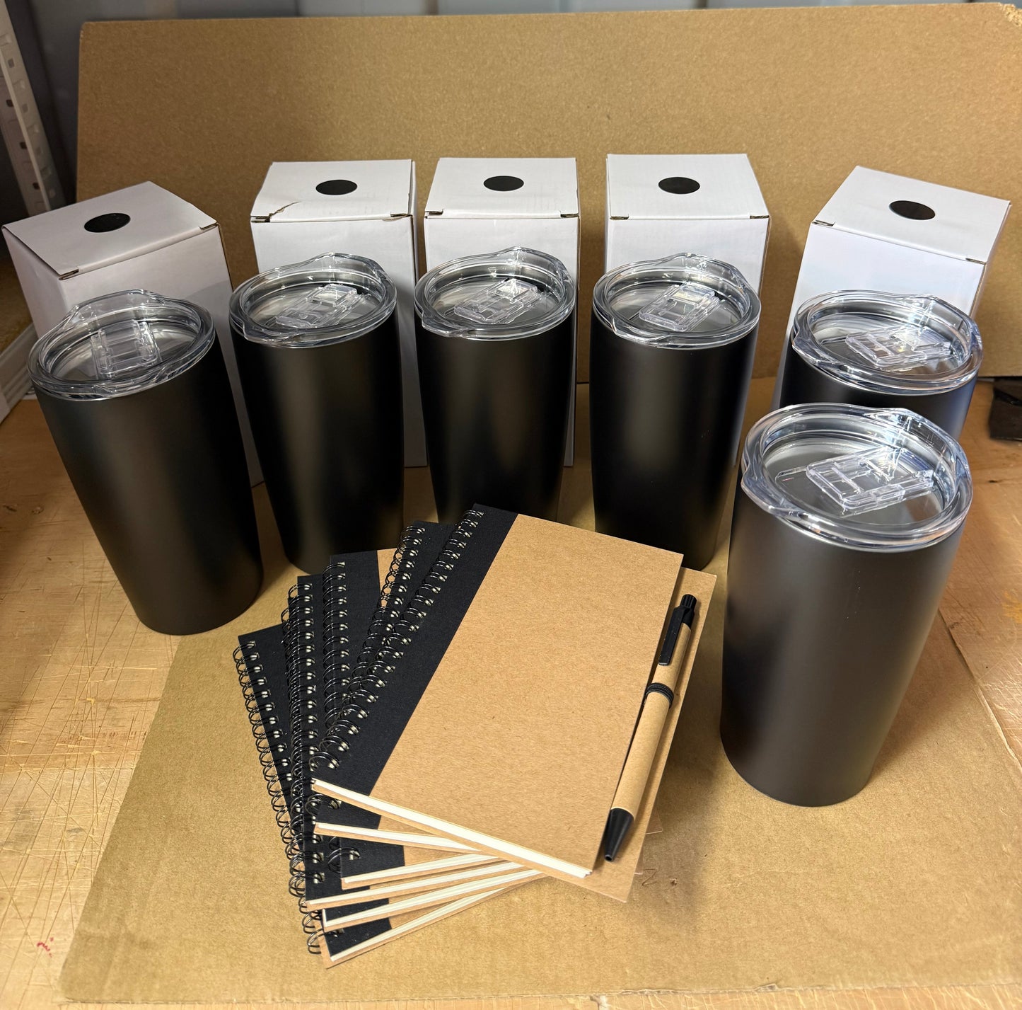 Bundle of 6 Black Spiral notebook/pen and black stainless steel tumbler